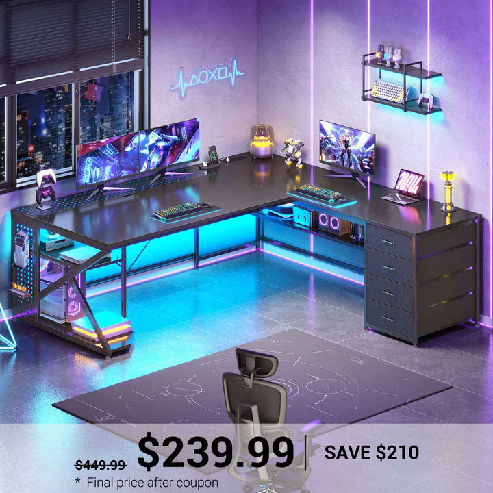 SEDETA 67 Inch L Shaped Gaming Desk with 4 Drawers Shelf Storage Corner Office Desk with LED Lights CPU Stand for Home Office Executive Computer Desk for Work Writing Study