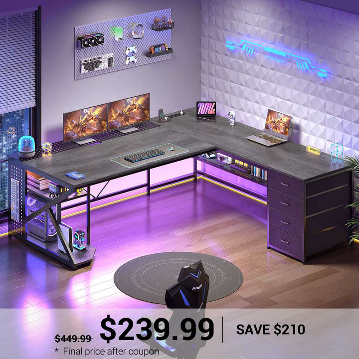 SEDETA 67 Inch L Shaped Gaming Desk with 4 Drawers Shelf Storage Corner Office Desk with LED Lights CPU Stand for Home Office Executive Computer Desk for Work Writing Study