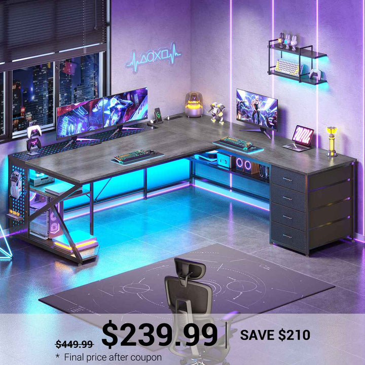 SEDETA 67 Inch L Shaped Gaming Desk with 4 Drawers Shelf Storage Corner Office Desk with LED Lights CPU Stand for Home Office Executive Computer Desk for Work Writing Study