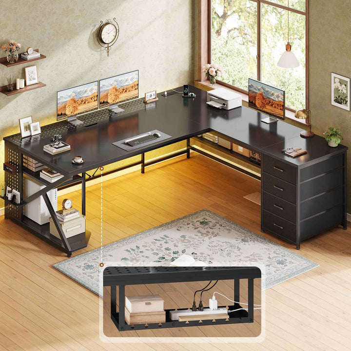 SEDETA 67 Inch L Shaped Gaming Desk with 4 Drawers Shelf Storage Corner Office Desk with LED Lights CPU Stand for Home Office Executive Computer Desk for Work Writing Study