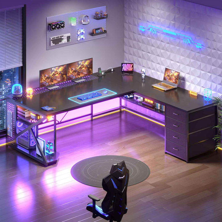 SEDETA 67 Inch L Shaped Gaming Desk with 4 Drawers Shelf Storage Corner Office Desk with LED Lights CPU Stand for Home Office Executive Computer Desk for Work Writing Study