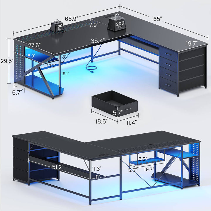 SEDETA 67 Inch L Shaped Gaming Desk with 4 Drawers Shelf Storage Corner Office Desk with LED Lights CPU Stand for Home Office Executive Computer Desk for Work Writing Study