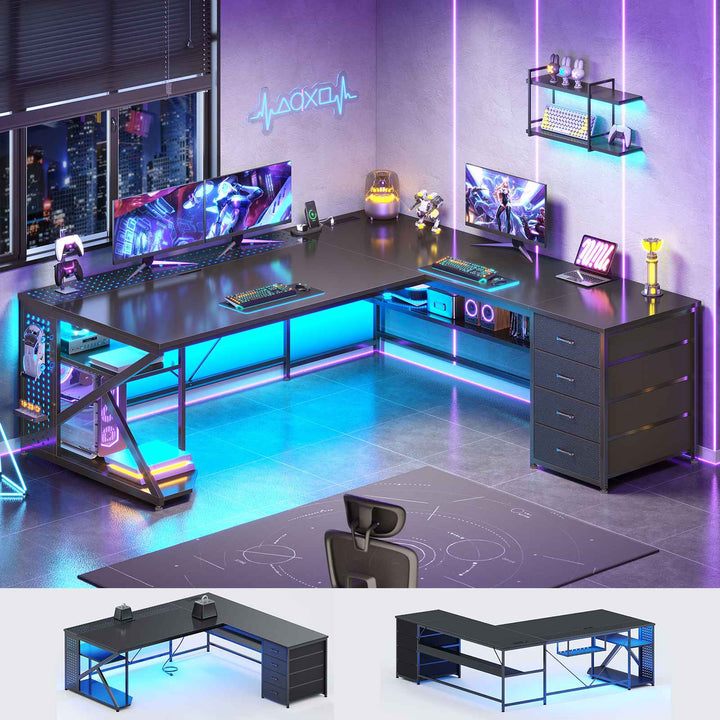 SEDETA 67 Inch L Shaped Gaming Desk with 4 Drawers Shelf Storage Corner Office Desk with LED Lights CPU Stand for Home Office Executive Computer Desk for Work Writing Study
