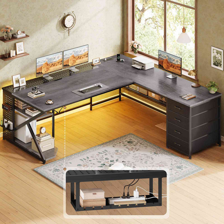 SEDETA 67 Inch L Shaped Gaming Desk with 4 Drawers Shelf Storage Corner Office Desk with LED Lights CPU Stand for Home Office Executive Computer Desk for Work Writing Study