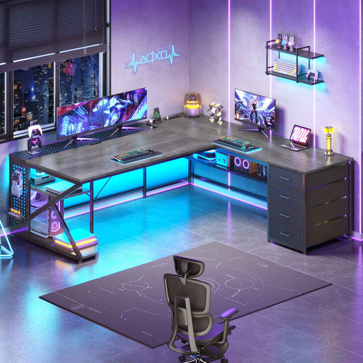 SEDETA 67 Inch L Shaped Gaming Desk with 4 Drawers Shelf Storage Corner Office Desk with LED Lights CPU Stand for Home Office Executive Computer Desk for Work Writing Study