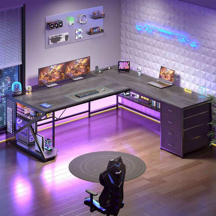 SEDETA 67 Inch L Shaped Gaming Desk with 4 Drawers Shelf Storage Corner Office Desk with LED Lights CPU Stand for Home Office Executive Computer Desk for Work Writing Study