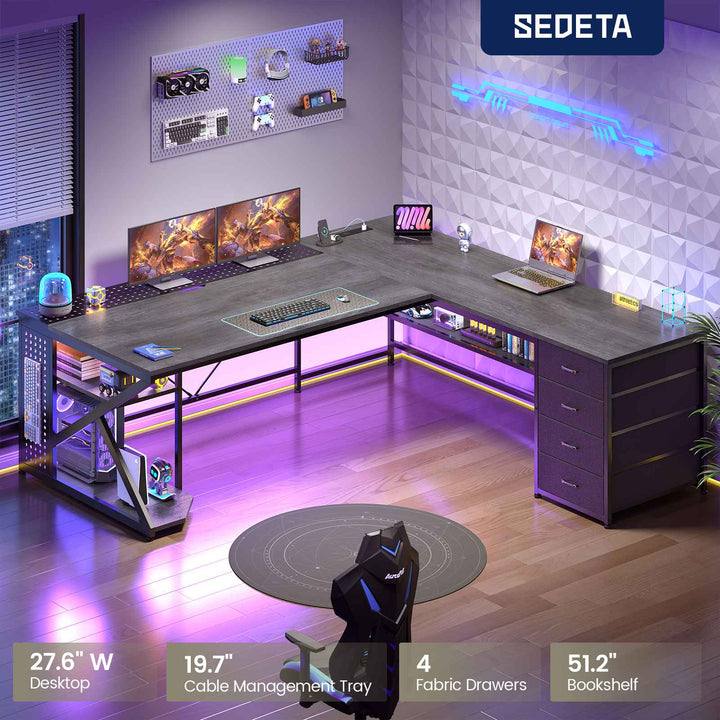 SEDETA 67 Inch L Shaped Gaming Desk with 4 Drawers Shelf Storage Corner Office Desk with LED Lights CPU Stand for Home Office Executive Computer Desk for Work Writing Study