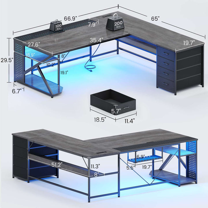 SEDETA 67 Inch L Shaped Gaming Desk with 4 Drawers Shelf Storage Corner Office Desk with LED Lights CPU Stand for Home Office Executive Computer Desk for Work Writing Study