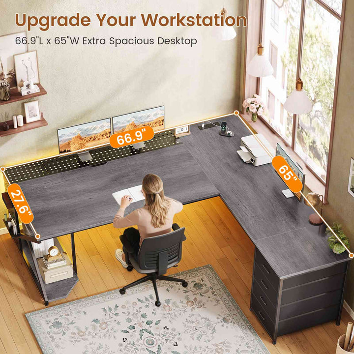 SEDETA 67 Inch L Shaped Gaming Desk with 4 Drawers Shelf Storage Corner Office Desk with LED Lights CPU Stand for Home Office Executive Computer Desk for Work Writing Study