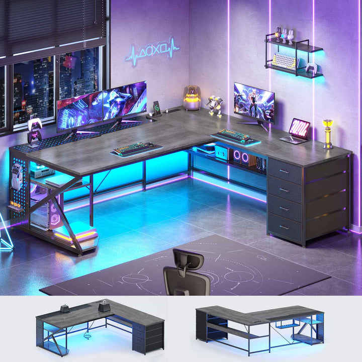 SEDETA 67 Inch L Shaped Gaming Desk with 4 Drawers Shelf Storage Corner Office Desk with LED Lights CPU Stand for Home Office Executive Computer Desk for Work Writing Study