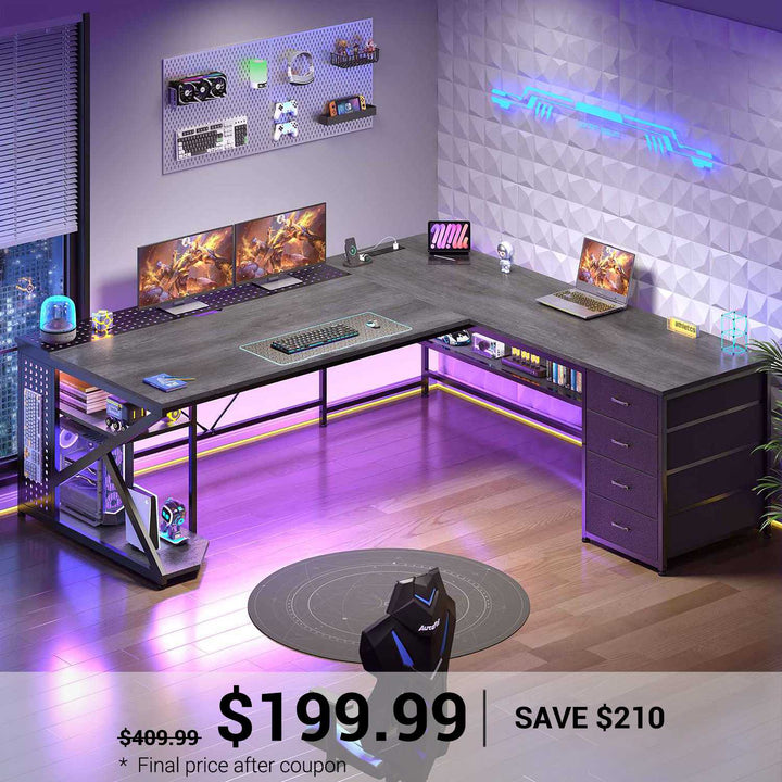SEDETA® 67 Inch L Shaped Gaming Desk with 4 Drawers LED Lights Corner Office Desk with Shelf Storage CPU Stand for Home Office Executive Computer Desk for Work Writing Study