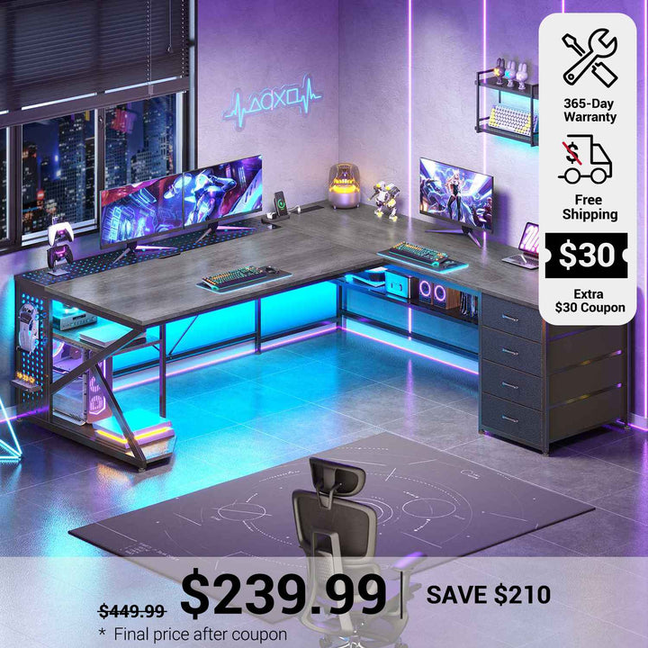 SEDETA 67 Inch L Shaped Gaming Desk with 4 Drawers Shelf Storage Corner Office Desk with LED Lights CPU Stand for Home Office Executive Computer Desk for Work Writing Study