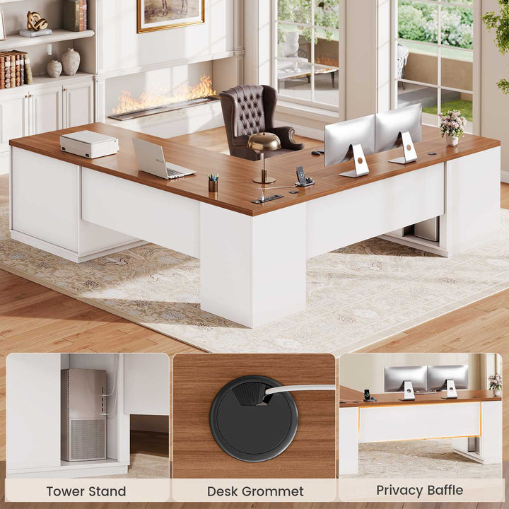 SEDETA® 70.9 Inch L Shaped Computer Desk with 3 Drawers and Power Strip L Shaped Executive Desk with CPU Stand Storage Cabinet Home Office Desk Cable Management Privacy Baffle