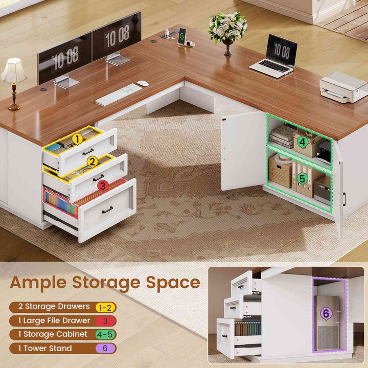 SEDETA® 70.9 Inch L Shaped Computer Desk with 3 Drawers and Power Strip L Shaped Executive Desk with CPU Stand Storage Cabinet Home Office Desk Cable Management Privacy Baffle