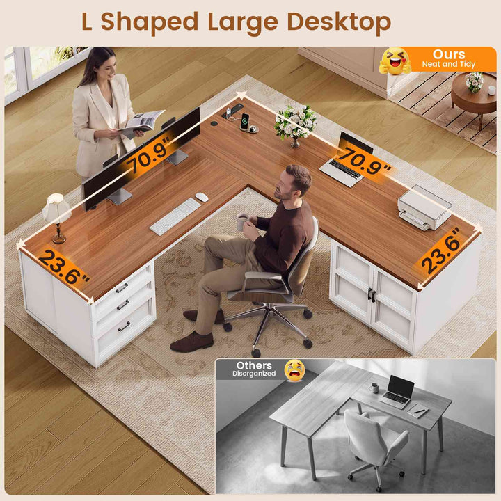 SEDETA® 70.9 Inch L Shaped Computer Desk with 3 Drawers and Power Strip L Shaped Executive Desk with CPU Stand Storage Cabinet Home Office Desk Cable Management Privacy Baffle