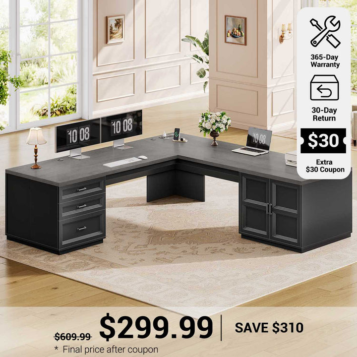 SEDETA® 70.9 Inch L Shaped Computer Desk with 3 Drawers and Power Strip L Shaped Executive Desk with CPU Stand Storage Cabinet Home Office Desk Cable Management Privacy Baffle