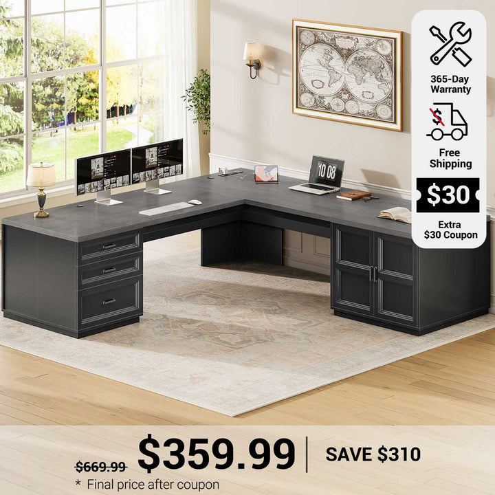 SEDETA 70.9 Inch L Shaped Executive Desk with 3 Drawers and Storage Cabinet L Shaped Computer Desk with CPU Stand Power Strip Home Office Desk Cable Management Privacy Baffle