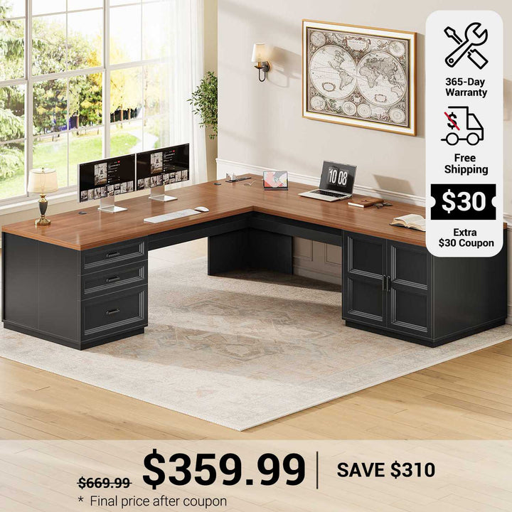 SEDETA 70.9 Inch L Shaped Executive Desk with 3 Drawers and Storage Cabinet L Shaped Computer Desk with CPU Stand Power Strip Home Office Desk Cable Management Privacy Baffle