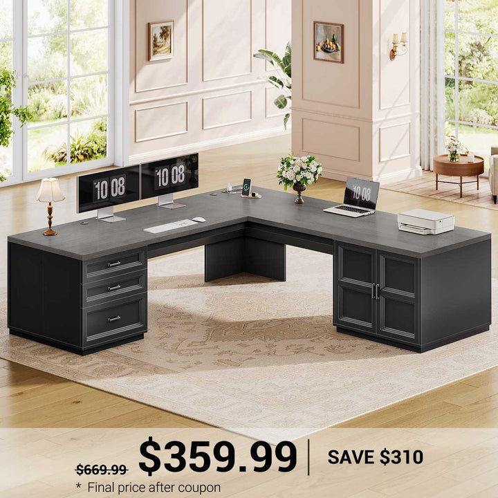 SEDETA 70.9 Inch L Shaped Executive Desk with 3 Drawers and Storage Cabinet L Shaped Computer Desk with CPU Stand Power Strip Home Office Desk Cable Management Privacy Baffle