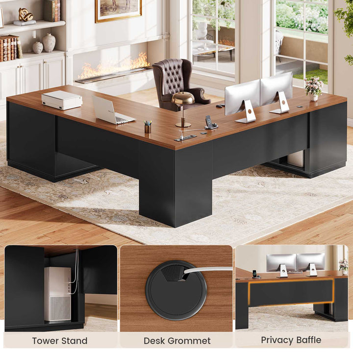 SEDETA® 70.9 Inch L Shaped Computer Desk with 3 Drawers and Power Strip L Shaped Executive Desk with CPU Stand Storage Cabinet Home Office Desk Cable Management Privacy Baffle