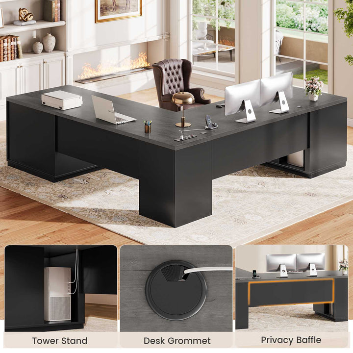 SEDETA® 70.9 Inch L Shaped Computer Desk with 3 Drawers and Power Strip L Shaped Executive Desk with CPU Stand Storage Cabinet Home Office Desk Cable Management Privacy Baffle