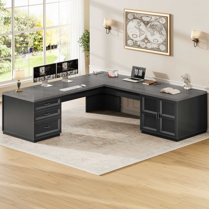 SEDETA® 70.9 Inch L Shaped Computer Desk with 3 Drawers and Power Strip L Shaped Executive Desk with CPU Stand Storage Cabinet Home Office Desk Cable Management Privacy Baffle