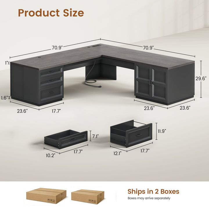 SEDETA® 70.9 Inch L Shaped Computer Desk with 3 Drawers and Power Strip L Shaped Executive Desk with CPU Stand Storage Cabinet Home Office Desk Cable Management Privacy Baffle