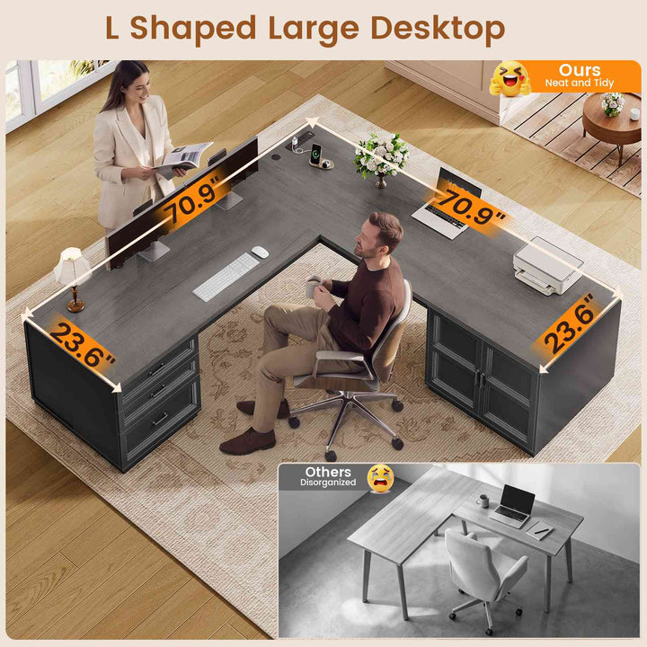 SEDETA® 70.9 Inch L Shaped Computer Desk with 3 Drawers and Power Strip L Shaped Executive Desk with CPU Stand Storage Cabinet Home Office Desk Cable Management Privacy Baffle