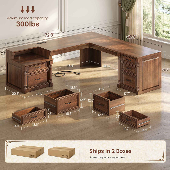 SEDETA | 72.8 Inch Executive Desk with 5 Storage Drawers Charging Station L Shaped Home Office Computer Desk with Printer Shelf Corner Writing Desk Study Table