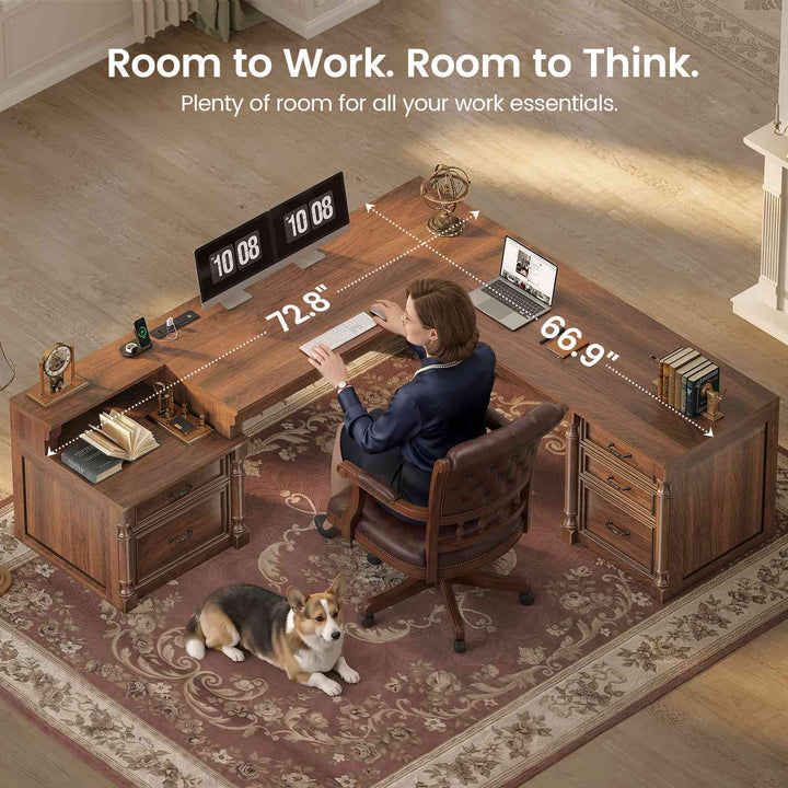 SEDETA | 72.8 Inch Executive Desk with 5 Storage Drawers Charging Station L Shaped Home Office Computer Desk with Printer Shelf Corner Writing Desk Study Table