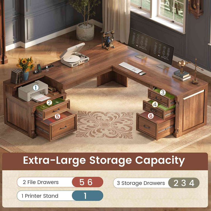 SEDETA | 72.8 Inch Executive Desk with 5 Storage Drawers Charging Station L Shaped Home Office Computer Desk with Printer Shelf Corner Writing Desk Study Table