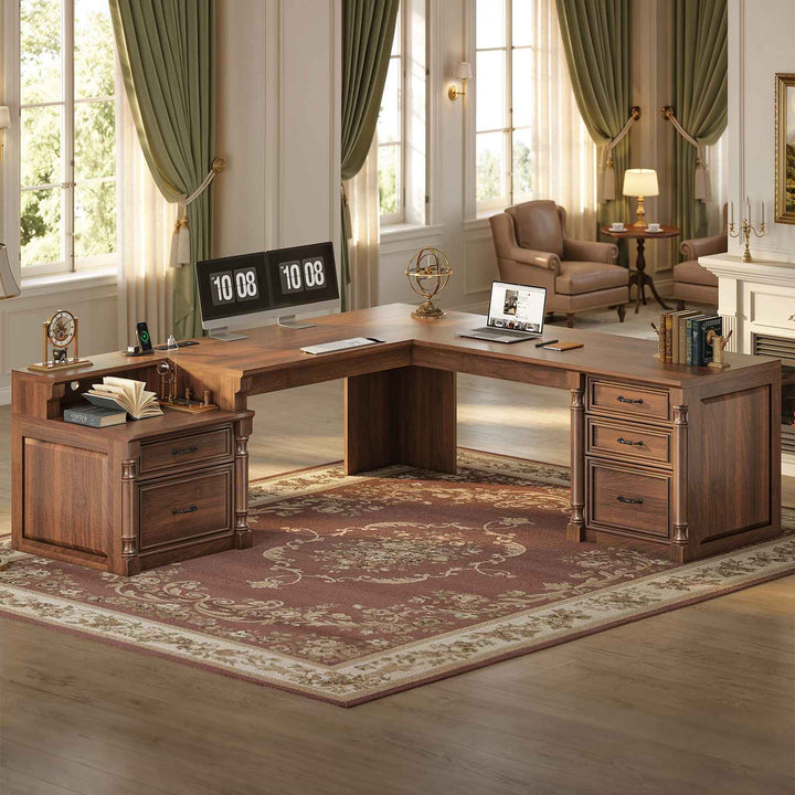 SEDETA | 72.8 Inch Executive Desk with 5 Storage Drawers Charging Station L Shaped Home Office Computer Desk with Printer Shelf Corner Writing Desk Study Table
