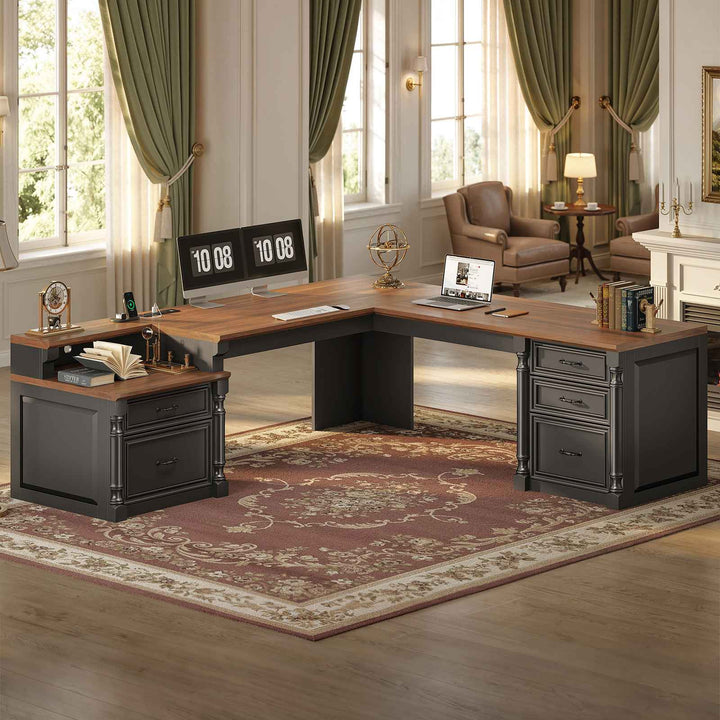 SEDETA | 72.8 Inch Executive Desk with 5 Storage Drawers Charging Station L Shaped Home Office Computer Desk with Printer Shelf Corner Writing Desk Study Table