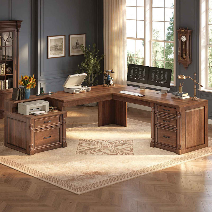 SEDETA | 72.8 Inch Executive Desk with 5 Storage Drawers Charging Station L Shaped Home Office Computer Desk with Printer Shelf Corner Writing Desk Study Table
