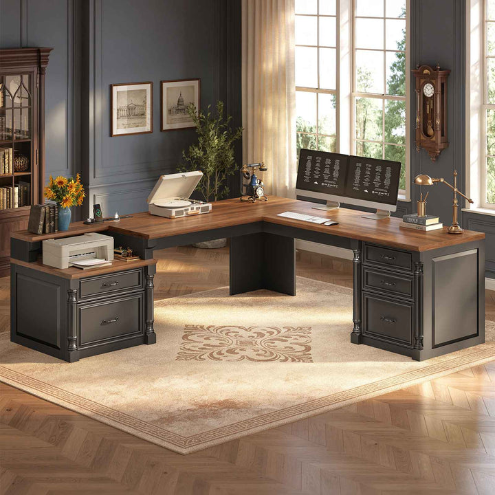 SEDETA | 72.8 Inch Executive Desk with 5 Storage Drawers Charging Station L Shaped Home Office Computer Desk with Printer Shelf Corner Writing Desk Study Table