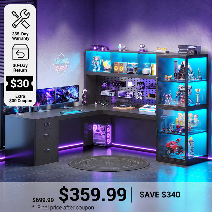 SEDETA® 63 Inch L Shaped Gaming Desk with 3 Drawers Led Lights Glass Display Cabinet Pegboard Computer Desk with File Drawer Power Outlet Storage Shelves for Home Office Corner Bedroom