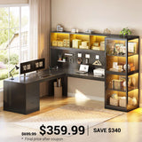 SEDETA | 63 Inch L Shaped Gaming Desk with 3 Drawers Power Outlet Led Lights and Pegboard Computer Desk with Glass Display Cabinet File Drawer Storage Shelves for Home Office Corner Bedroom