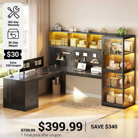 SEDETA 63 Inch L Shaped Gaming Desk with Glass Display Cabinet Pegboard Led Lights and 3 Drawers Computer Desk with File Drawer Power Outlet Storage Shelves for Home Office Corner Bedroom