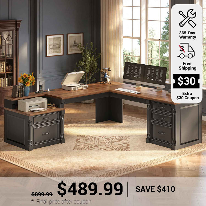 SEDETA 72.8 Inch Large L Shaped Executive Desk with 5 Storage Drawers Charging Station Home Office Computer Desk with 2 File Drawers and Printer Shelf Corner Writing Desk Study Table