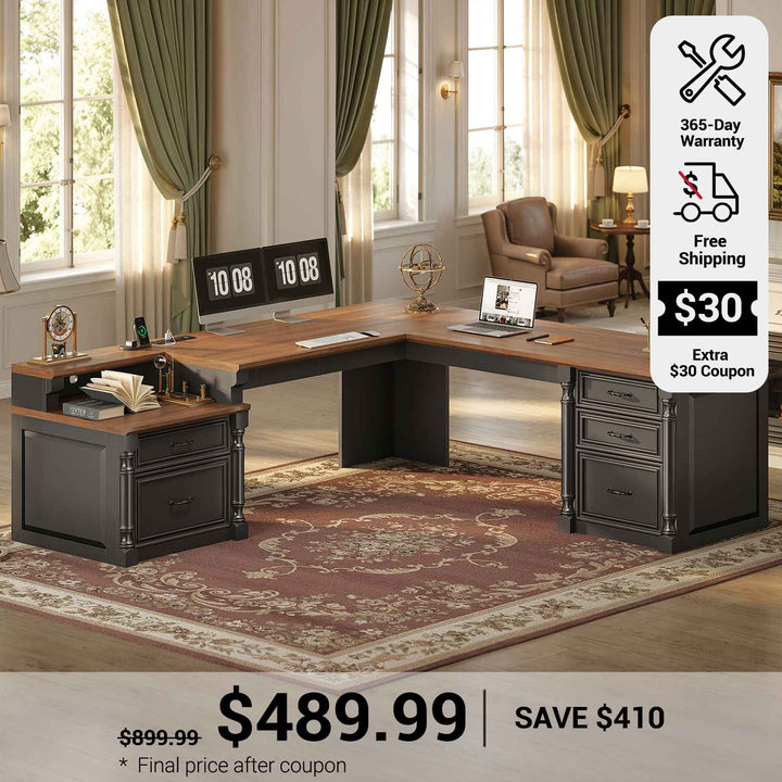 SEDETA 72.8 Inch Large L Shaped Executive Desk with 5 Storage Drawers Charging Station Home Office Computer Desk with 2 File Drawers and Printer Shelf Corner Writing Desk Study Table