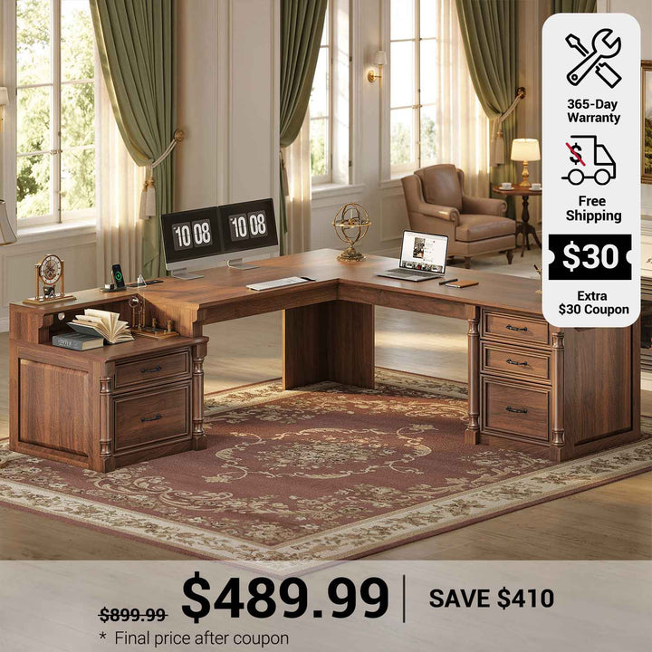 SEDETA 72.8 Inch Large L Shaped Executive Desk with 5 Storage Drawers Charging Station Home Office Computer Desk with 2 File Drawers and Printer Shelf Corner Writing Desk Study Table