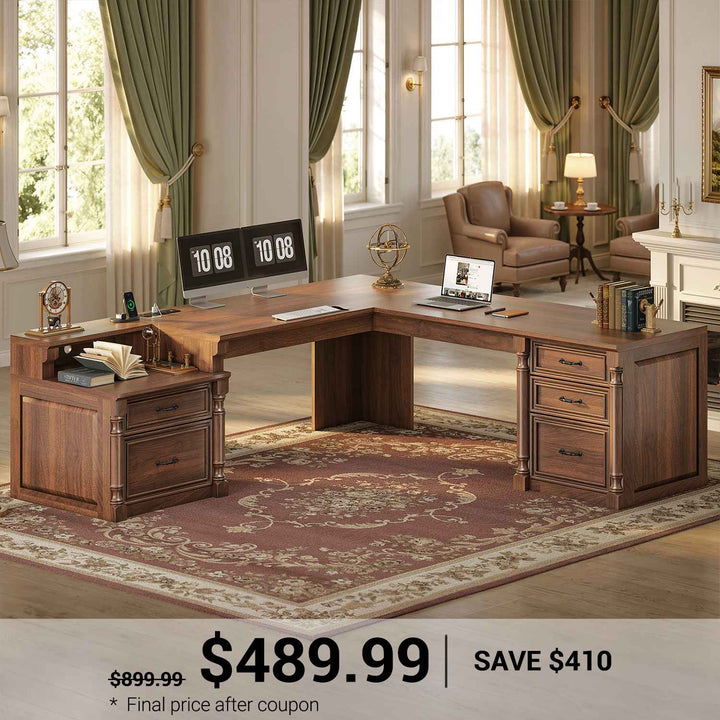 SEDETA 72.8 Inch Large L Shaped Executive Desk with 5 Storage Drawers Charging Station Home Office Computer Desk with 2 File Drawers and Printer Shelf Corner Writing Desk Study Table