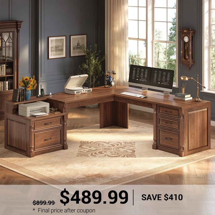 SEDETA 72.8 Inch Large L Shaped Executive Desk with 5 Storage Drawers Charging Station Home Office Computer Desk with 2 File Drawers and Printer Shelf Corner Writing Desk Study Table