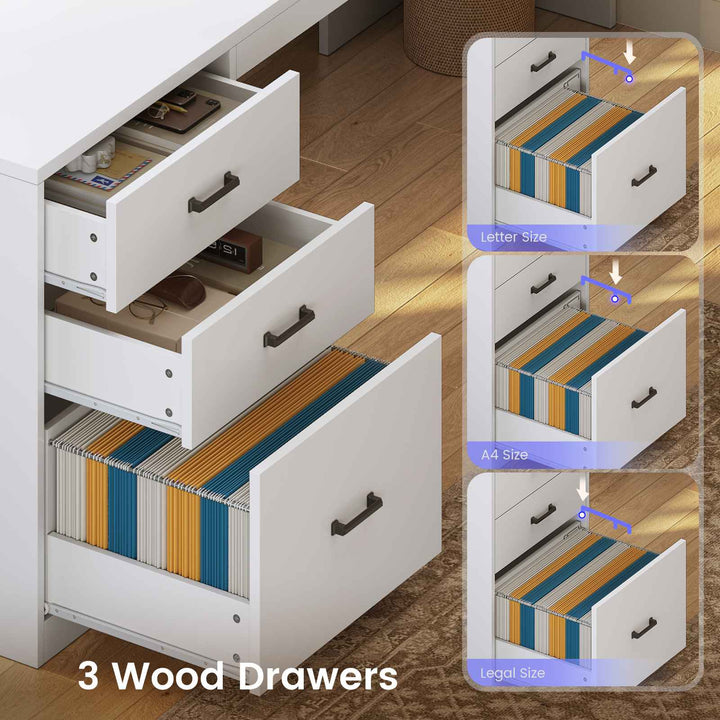 SEDETA® 63 Inch L Shaped Gaming Desk with 3 Drawers Led Lights Glass Display Cabinet Pegboard Computer Desk with File Drawer Power Outlet Storage Shelves for Home Office Corner Bedroom