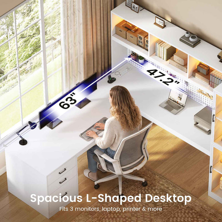 SEDETA® 63 Inch L Shaped Gaming Desk with 3 Drawers Led Lights Glass Display Cabinet Pegboard Computer Desk with File Drawer Power Outlet Storage Shelves for Home Office Corner Bedroom