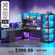 SEDETA 63 Inch L Shaped Gaming Desk with Glass Display Cabinet Pegboard Led Lights and 3 Drawers Computer Desk with File Drawer Power Outlet Storage Shelves for Home Office Corner Bedroom