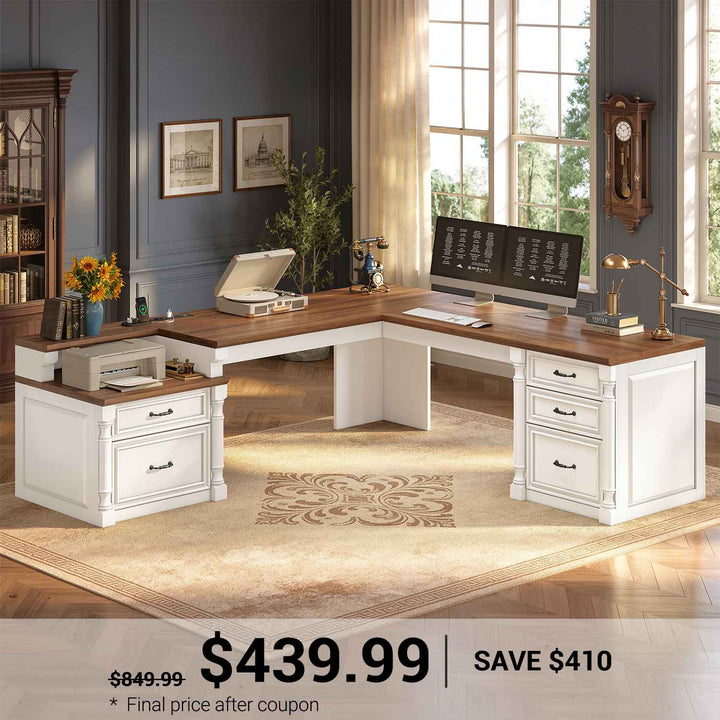 SEDETA | 72.8 Inch Executive Desk with 5 Storage Drawers Charging Station L Shaped Home Office Computer Desk with Printer Shelf Corner Writing Desk Study Table