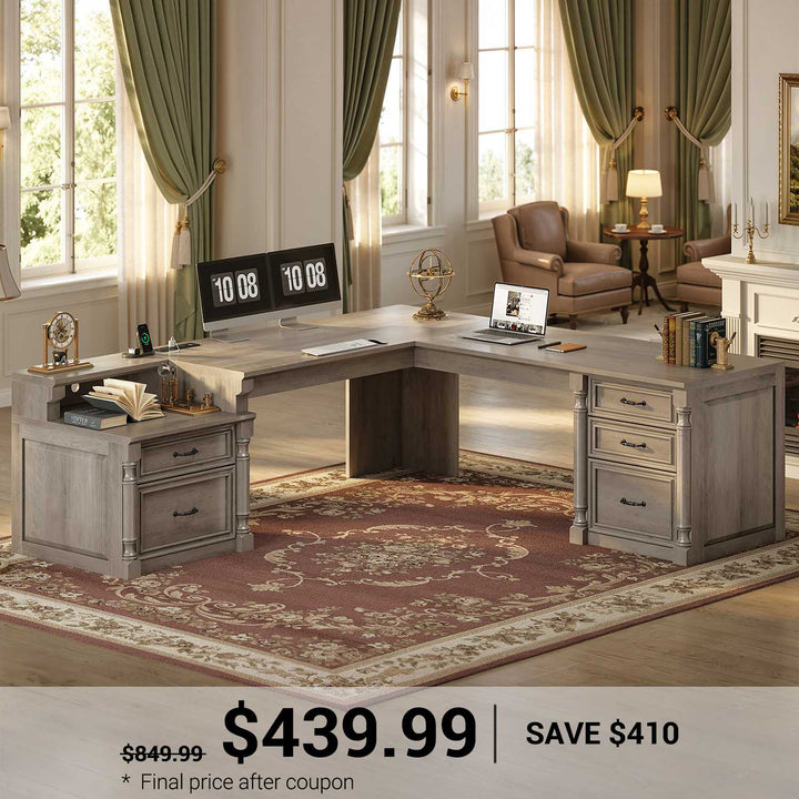 SEDETA | 72.8 Inch Executive Desk with 5 Storage Drawers Charging Station L Shaped Home Office Computer Desk with Printer Shelf Corner Writing Desk Study Table