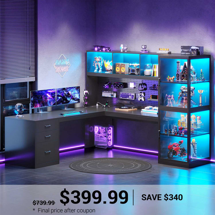 SEDETA 63 Inch L Shaped Gaming Desk with Glass Display Cabinet Pegboard Led Lights and 3 Drawers Computer Desk with File Drawer Power Outlet Storage Shelves for Home Office Corner Bedroom