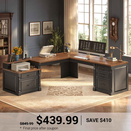 SEDETA | 72.8 Inch Executive Desk with 5 Storage Drawers Charging Station L Shaped Home Office Computer Desk with Printer Shelf Corner Writing Desk Study Table
